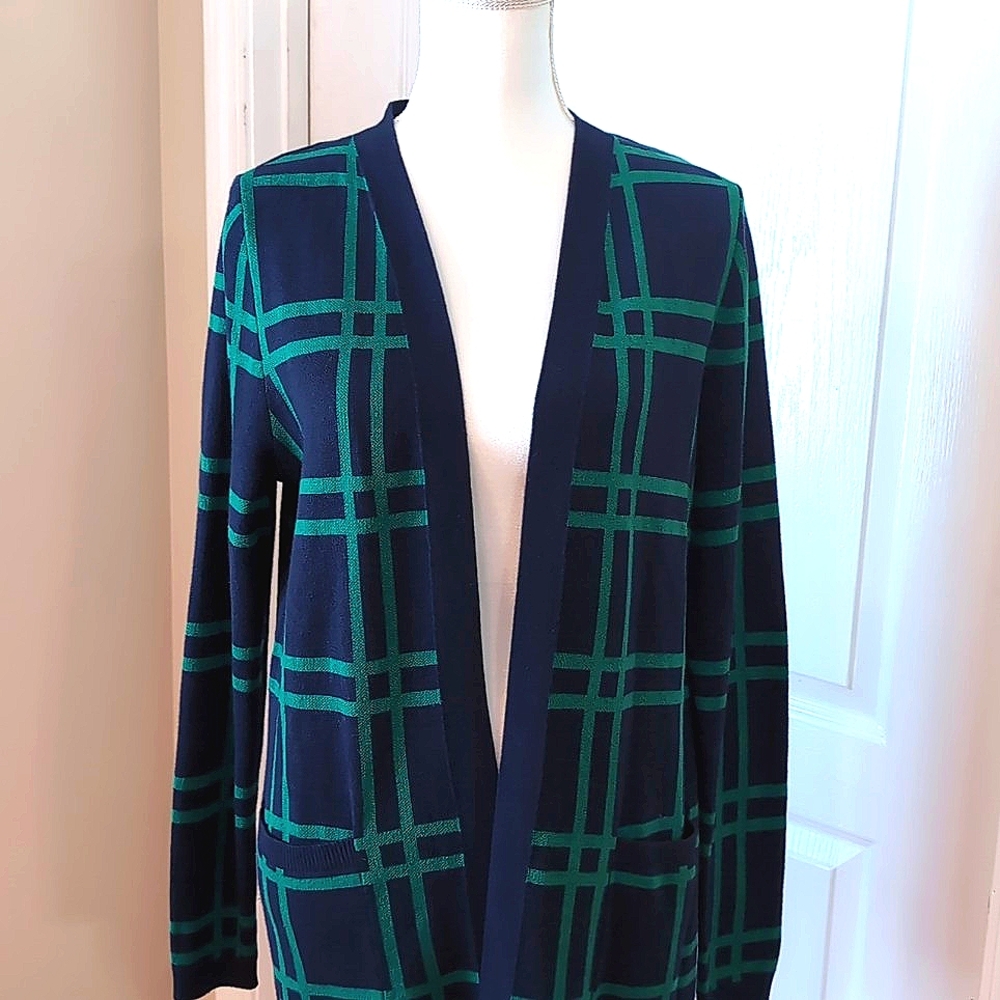 Kim Rogers Open Front Navy/Green Knit Cardigan. NWT. Size Small